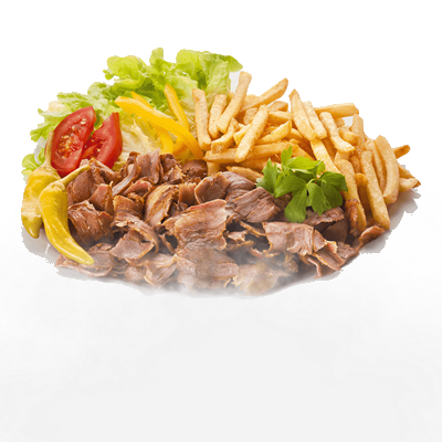 Doner meat served with salad and a portion of chips